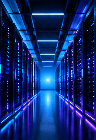 A narrow corridor between racks, lit in blue and violet.
