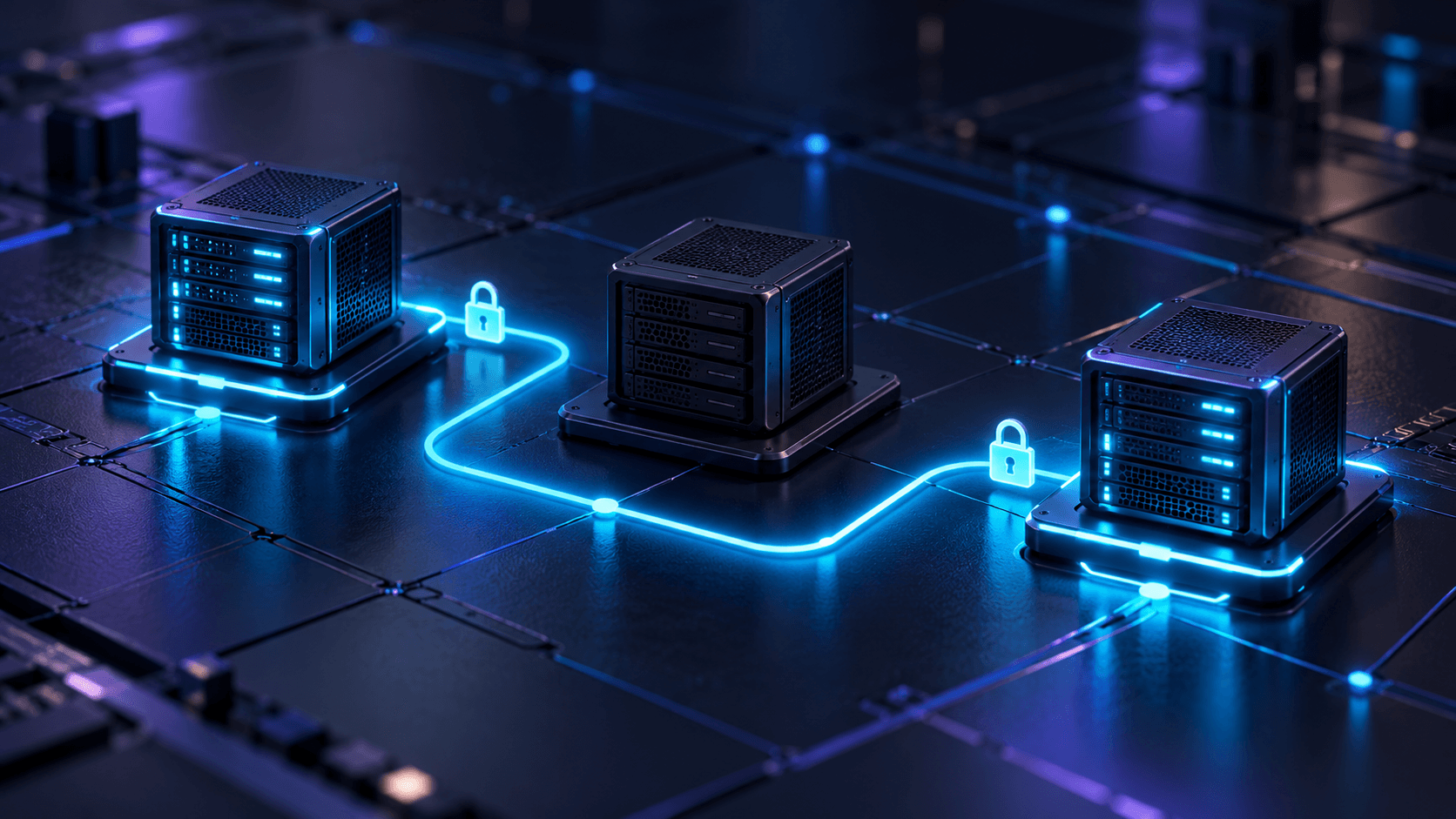 Three server cubes joined by a glowing path, with small padlocks along it.