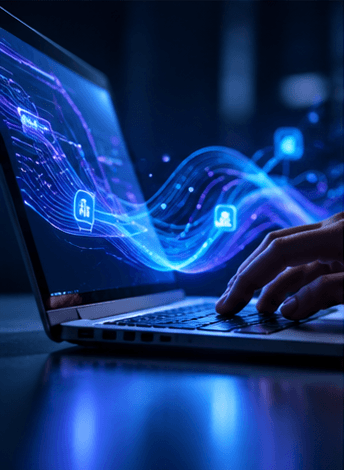 Hands typing on a laptop as ribbons of blue light flow out of the screen.