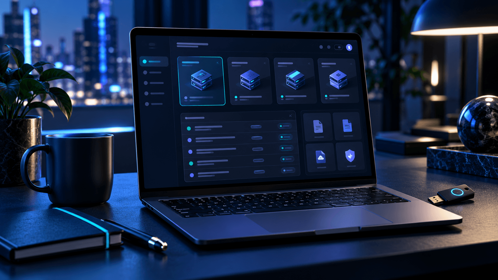 A laptop on a desk at night showing a dashboard of several machines, with a city skyline behind.