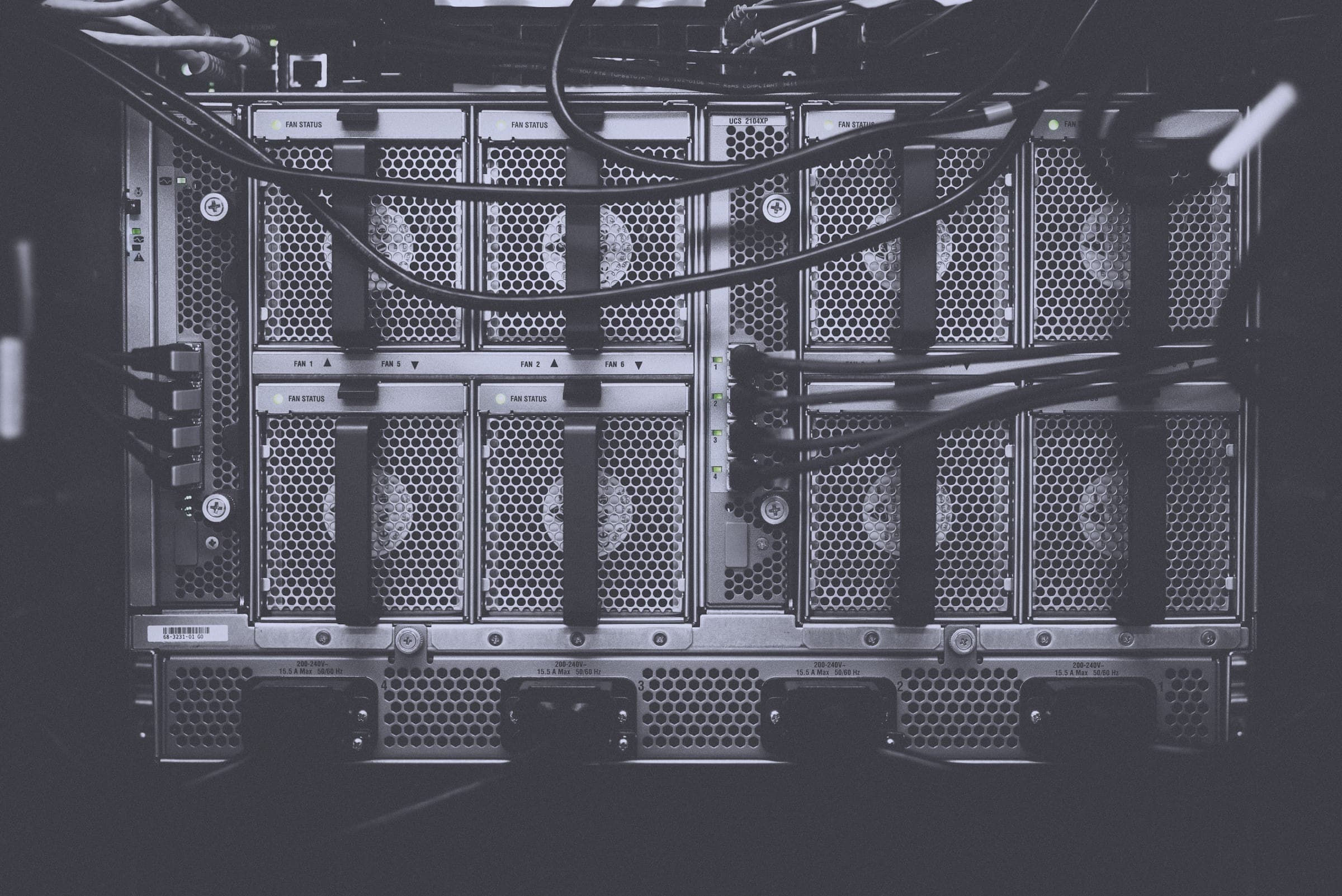 Back of a server chassis with rows of hot-swap bays and black cables, in monochrome.
