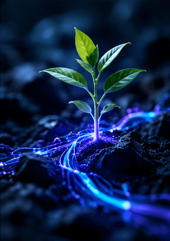 A green seedling growing out of dark ground threaded with blue light.
