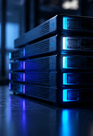 A short stack of servers with blue light along their front edges.