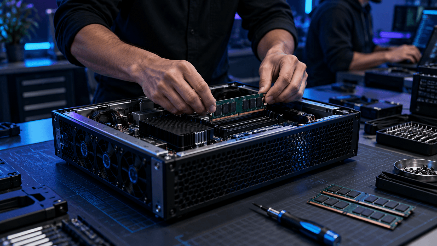 Hands fitting a memory module into an open machine on a workbench, with spare modules and a screwdriver nearby.